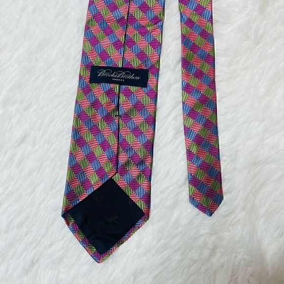 BROOKS BROTHERS Mens Tie 100% Silk Necktie Checkered Multicolor Preppy - Picture 2 of 6